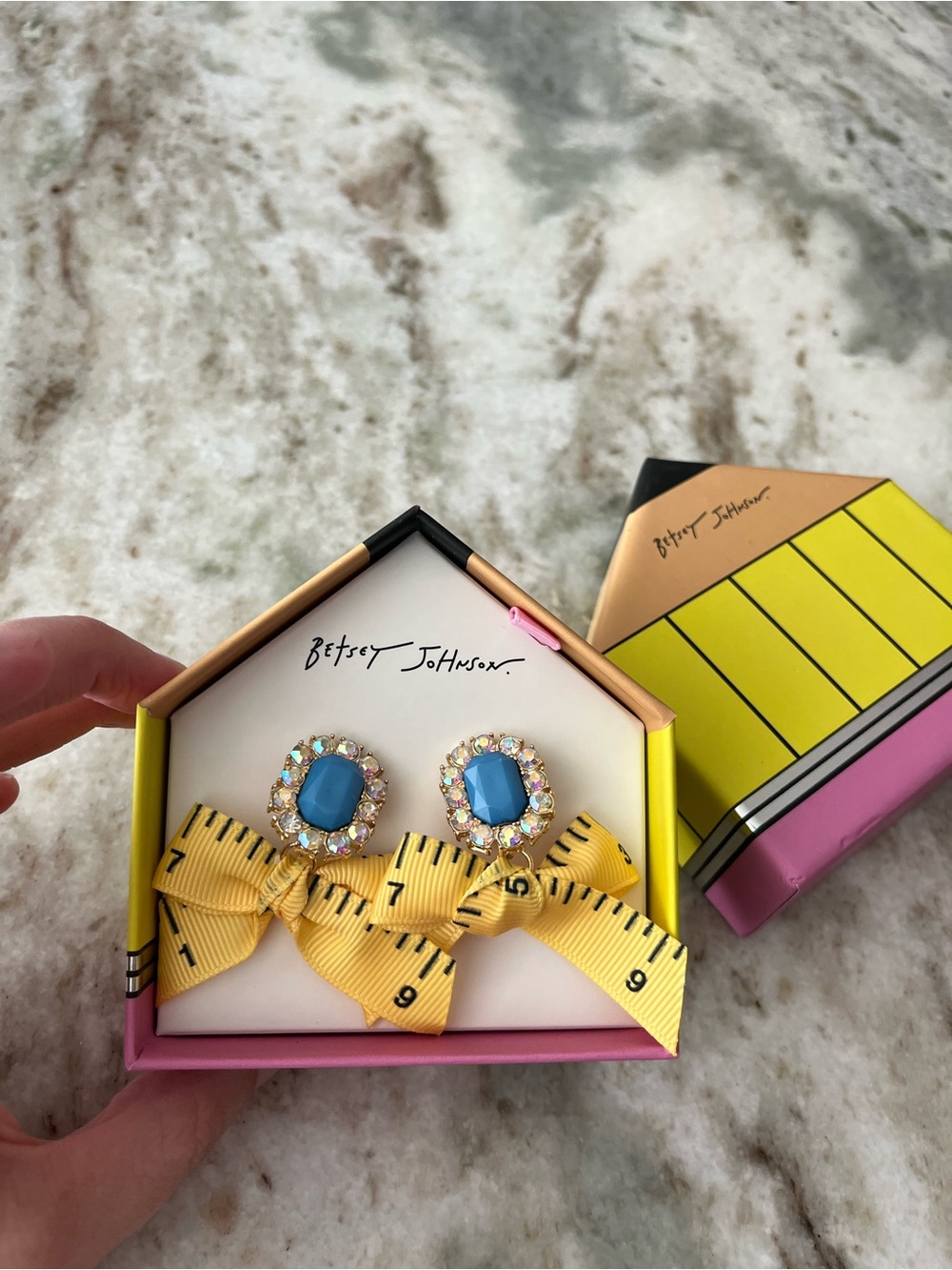 Betsey Johnson Yellow Ribbon Bow Earrings with Blue Center Gems